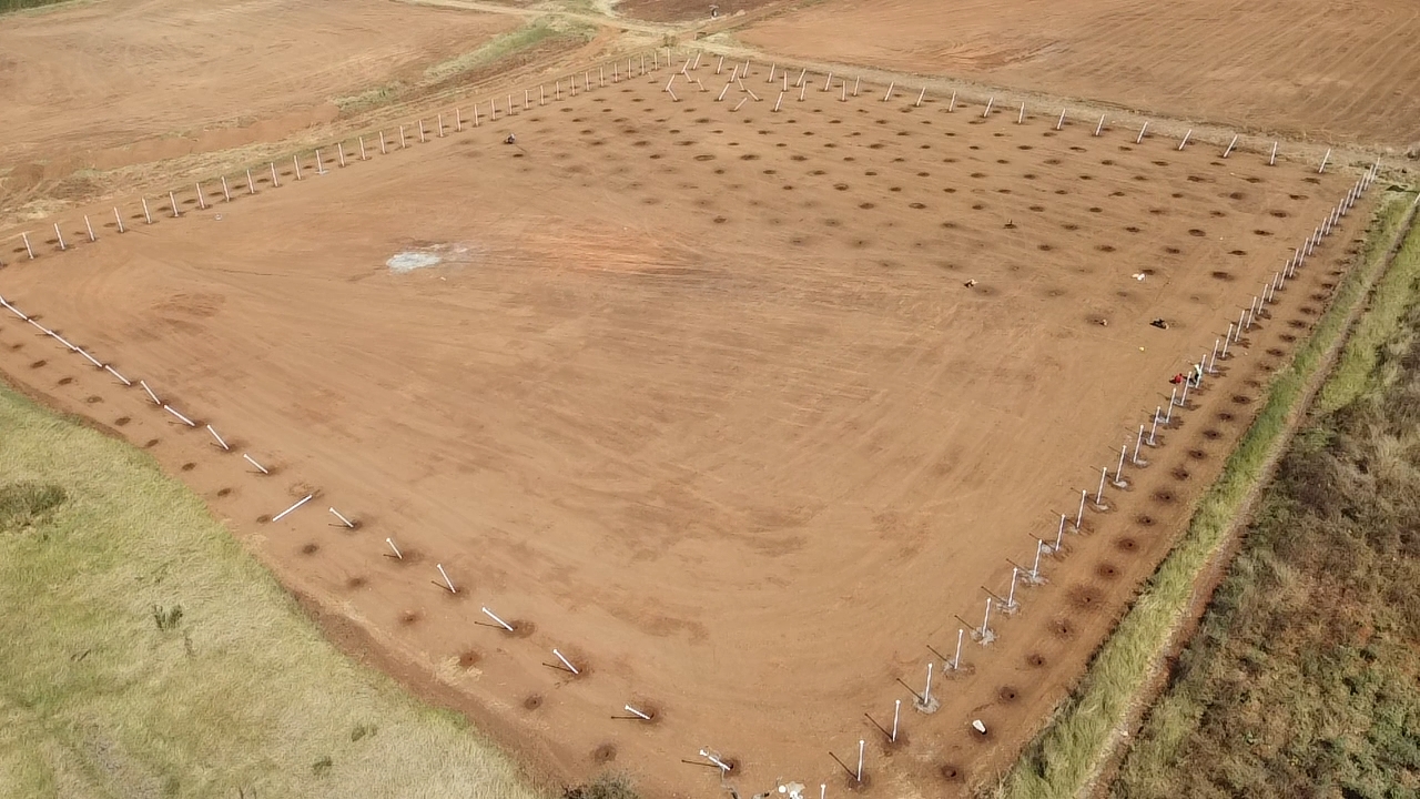 Aerial view of the four-hectare shade-netting structure with rows of powder-coated steel poles