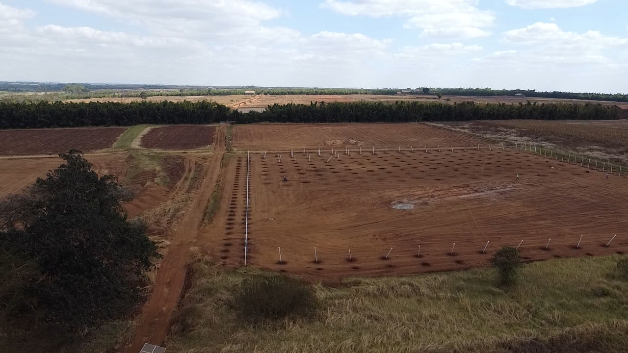 Aerial overview of the four-hectare shade-netting project site with powder-coated steel poles and surrounding fields