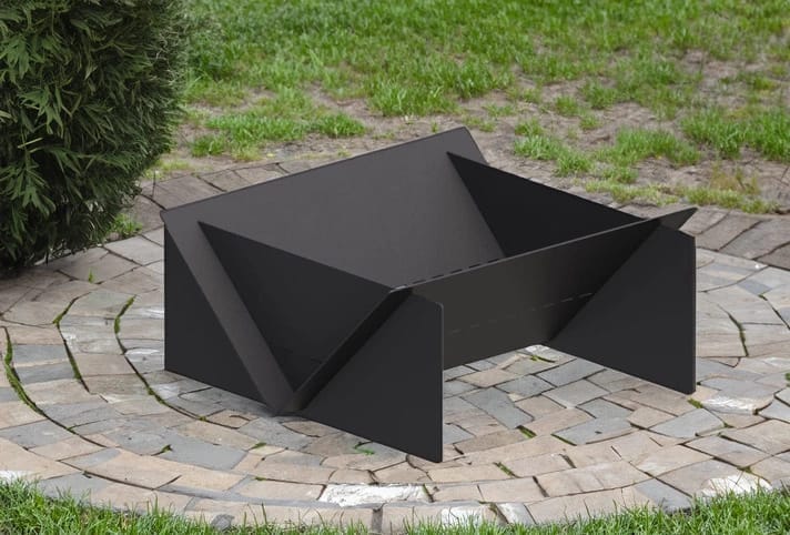 Powder-coated geometric steel fire pit on a paved patio