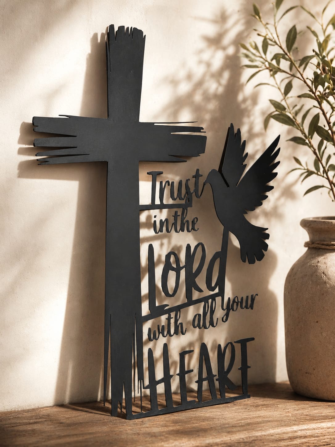 Laser-cut steel wall art reading 'Trust in the Lord with all your Heart' with a dove